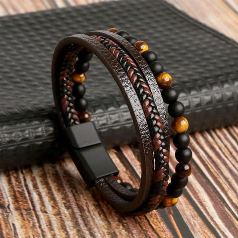Luxurious brown leather and tiger eye stone bracelet with secure clasp