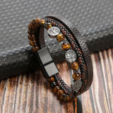 Tiger Eye Leather Bracelet with Triple Tree of Life