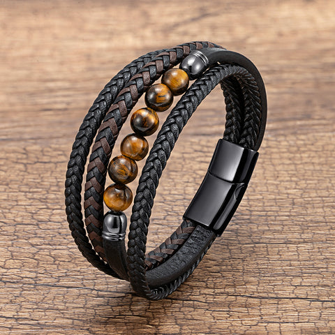 Sophisticated Multi-Strand Tiger Eye Leather Bracelet