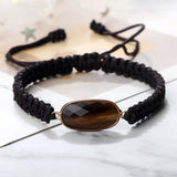 Close-up view of the 'Together Forever' Tiger Eye Macrame Bracelets with square and oval stones